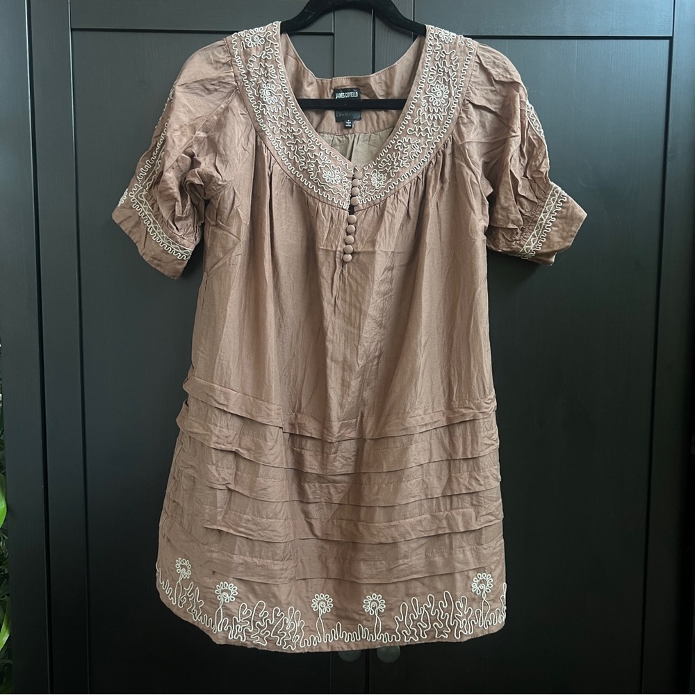 James Coviello Embroidered Brown Cream Tunic Mini Dress Size 4